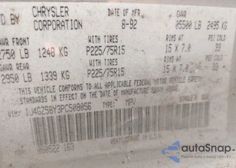 1993 Jeep Grand Cherokee Laredo z USA, uszkodzony, nr VIN 1J4GZ58Y3PC508056